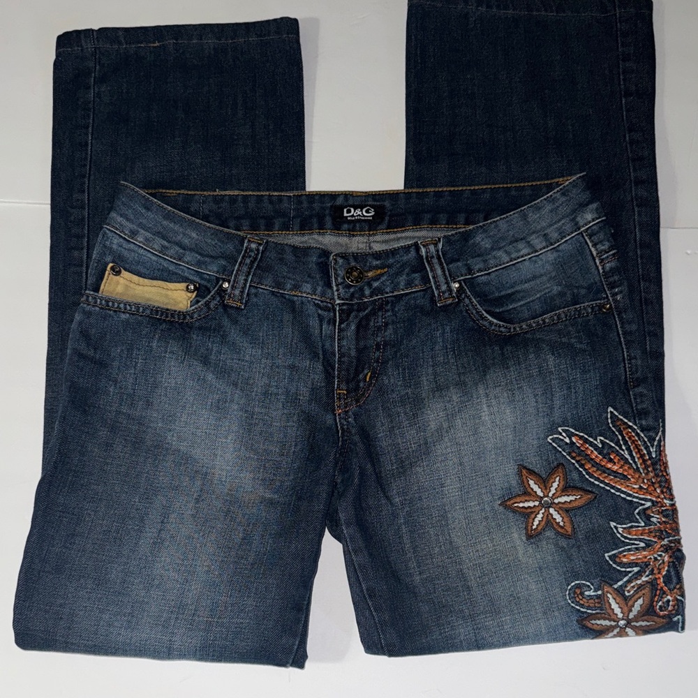 Dolce & Gabbana D&G Women's Dark Blue Jeans with Floral Embroidery Bootcut Jeans